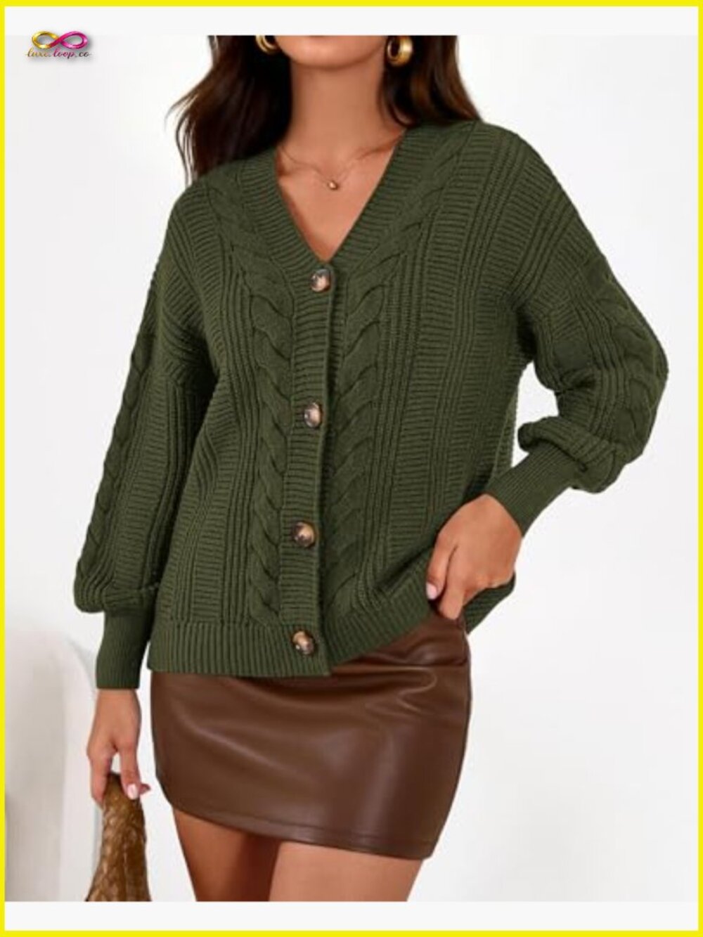 V Neck Long Sleeve Chunky Cable Knit Button Cardigan Sweater Oversized - Picture 3 of 7